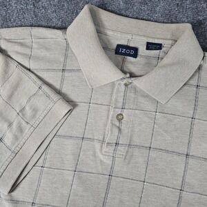 IZOD Men's Large Polo Shirt, Beige Plaid Pattern, Short Sleeve, Casual‎ Top